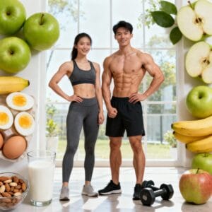 Fit young man and woman showing healthy muscle gain transformation, surrounded by fruits, eggs, milk, nuts, and workout dumbbells in a bright, motivational fitness blog setting.