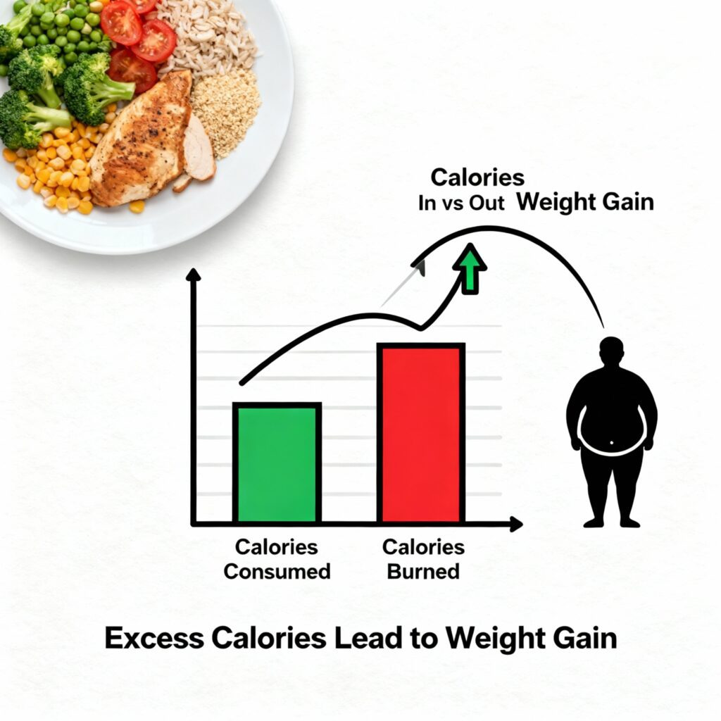 Creative infographic illustrating the calorie surplus concept with a plate of food, calories in vs calories out chart, and arrows indicating weight gain progression on a clean white background. Vajan Kaise Badhaye.
