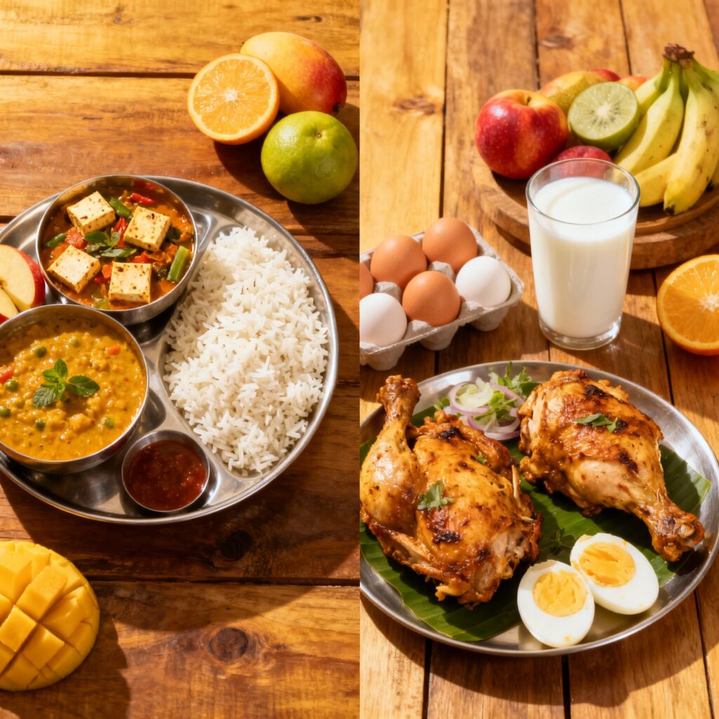Split image showing vegetarian and non-vegetarian diet meals side by side including paneer, dal, rice, chicken, eggs, milk, and fruits, all neatly served on a wooden table with vibrant natural lighting.