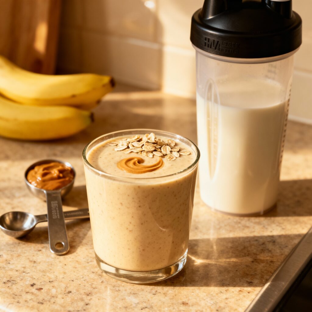 Delicious smoothies and shakes made with banana, oats, peanut butter, and milk placed on a kitchen counter, accompanied by measuring spoons and a gym shaker bottle.