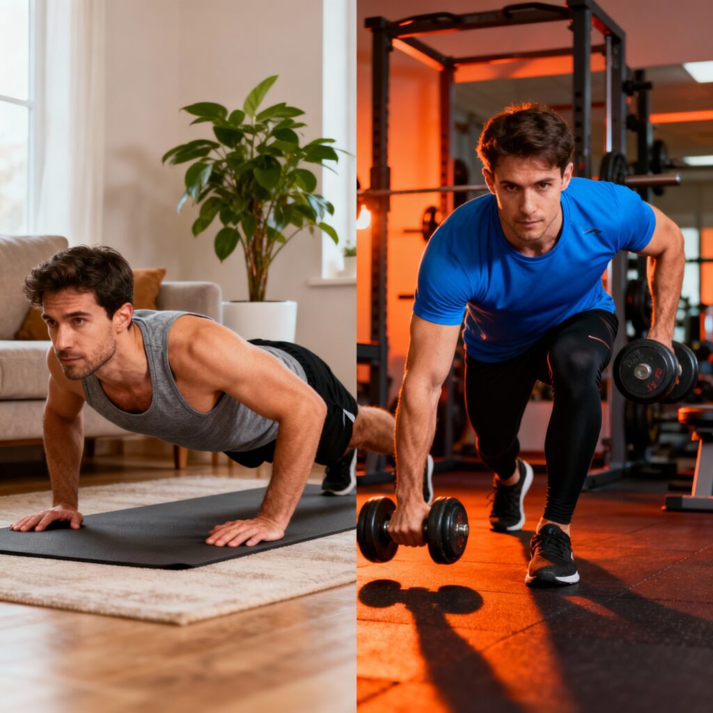 Side-by-side motivational composition of a man doing push-ups at home and another performing weight training in the gym, with energetic lighting enhancing the scene.