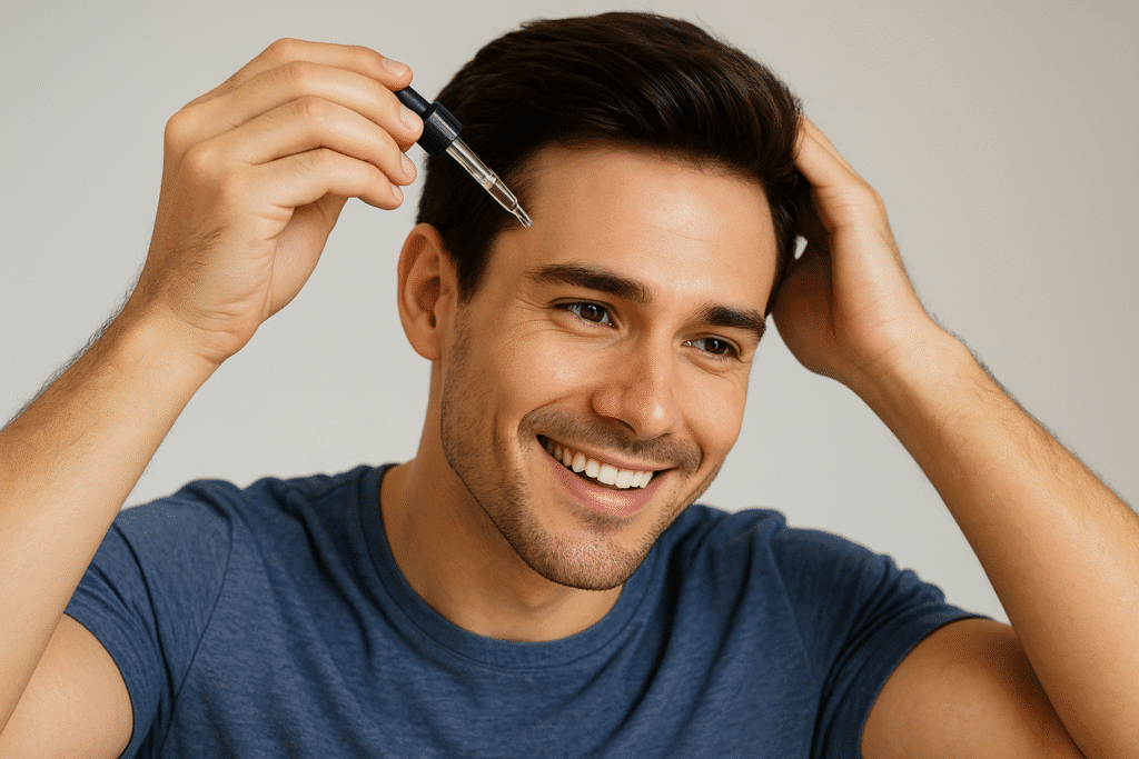 “Smiling man applying hair regrowth serum with dropper on scalp, showing visible improvement and positive hair care results.”