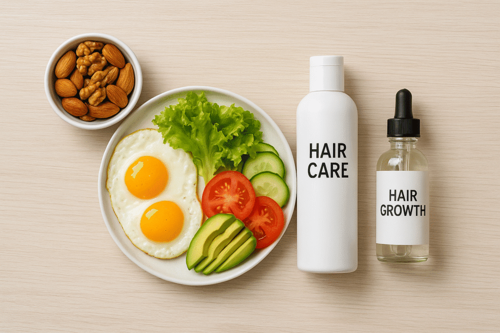 “Healthy breakfast with eggs, nuts, avocado, and fresh vegetables placed beside hair care products – showing natural nutrition for hair growth.”