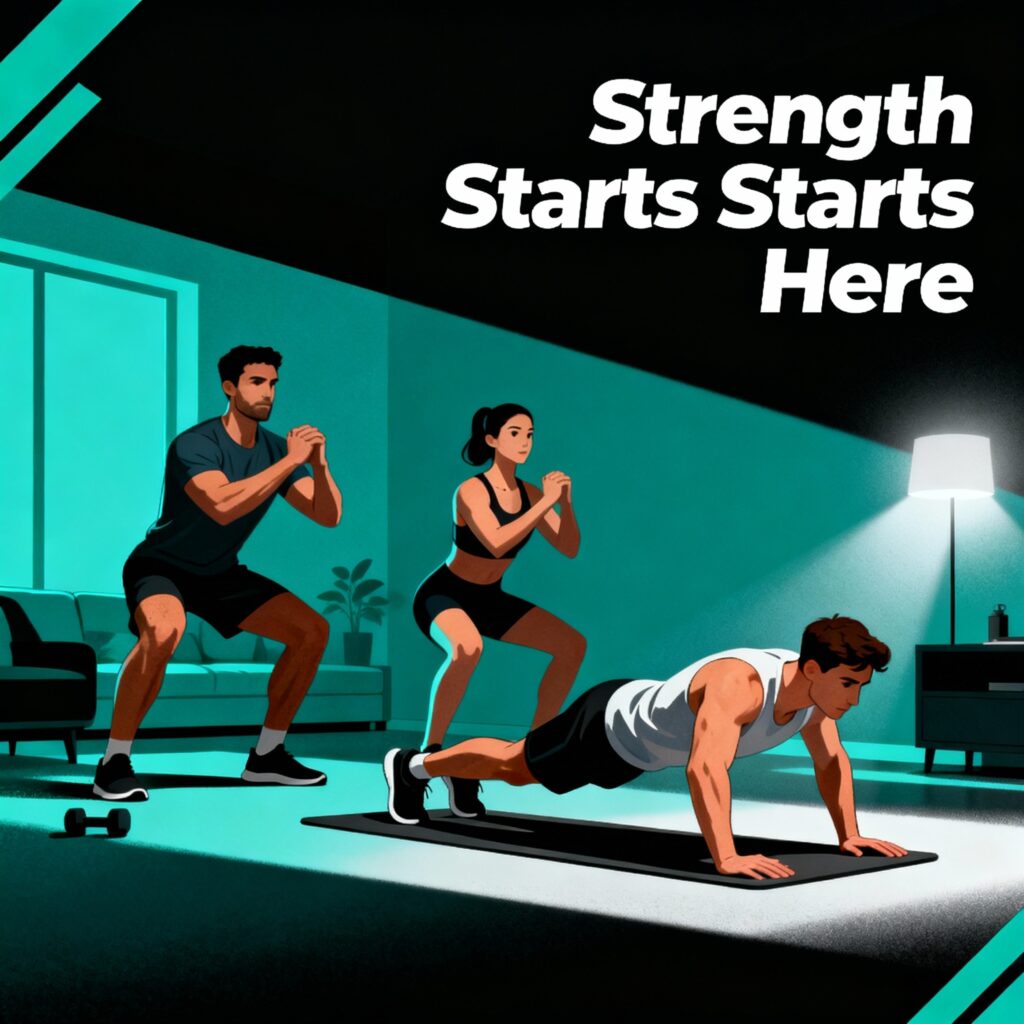"Beginners ke liye ghar pe full body workout plan poster – home workout routine for men and women doing push-ups, squats, and burpees for 3–6 month body transformation."