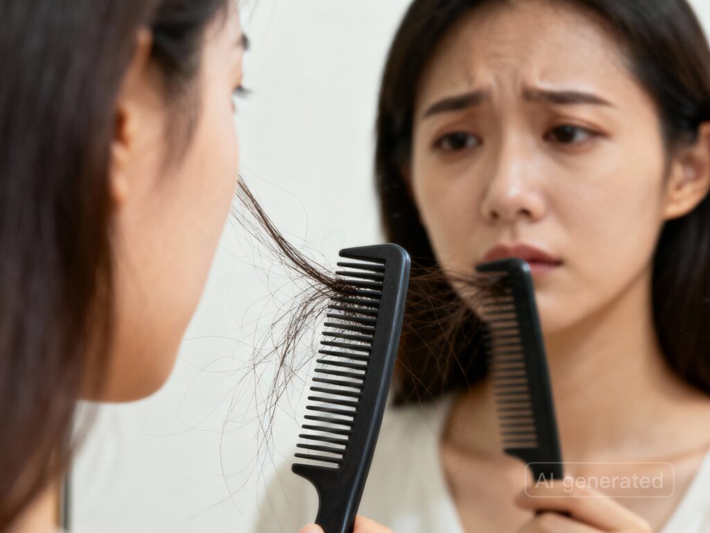 “Best product for hair regrowth – worried woman looking at hair fall in comb, showing signs of hair loss and scalp problem.”