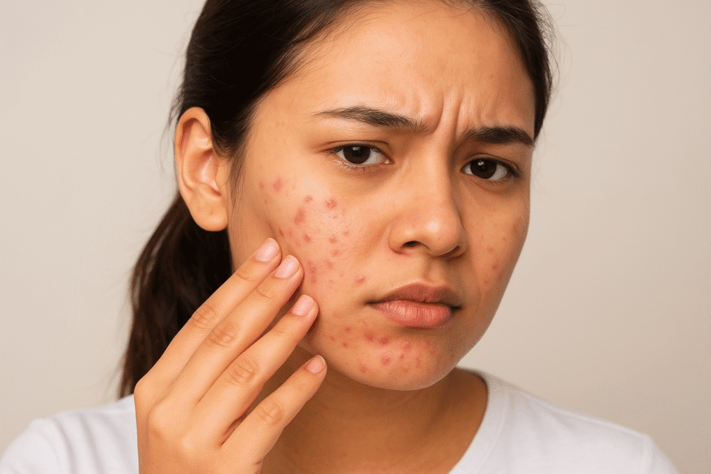 Young woman with light acne looking in mirror and touching her face – showing real skin condition and natural beauty, related to Pimples ka Ilaj Ghar Par.