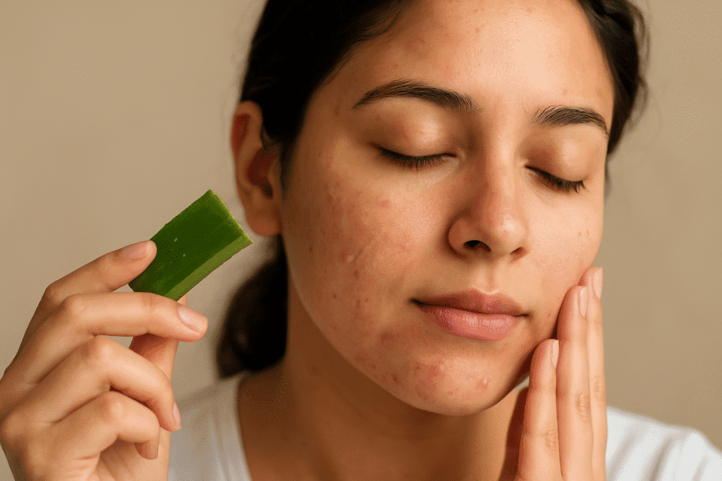 Woman applying fresh aloe vera gel on her face as a natural home remedy for pimples.