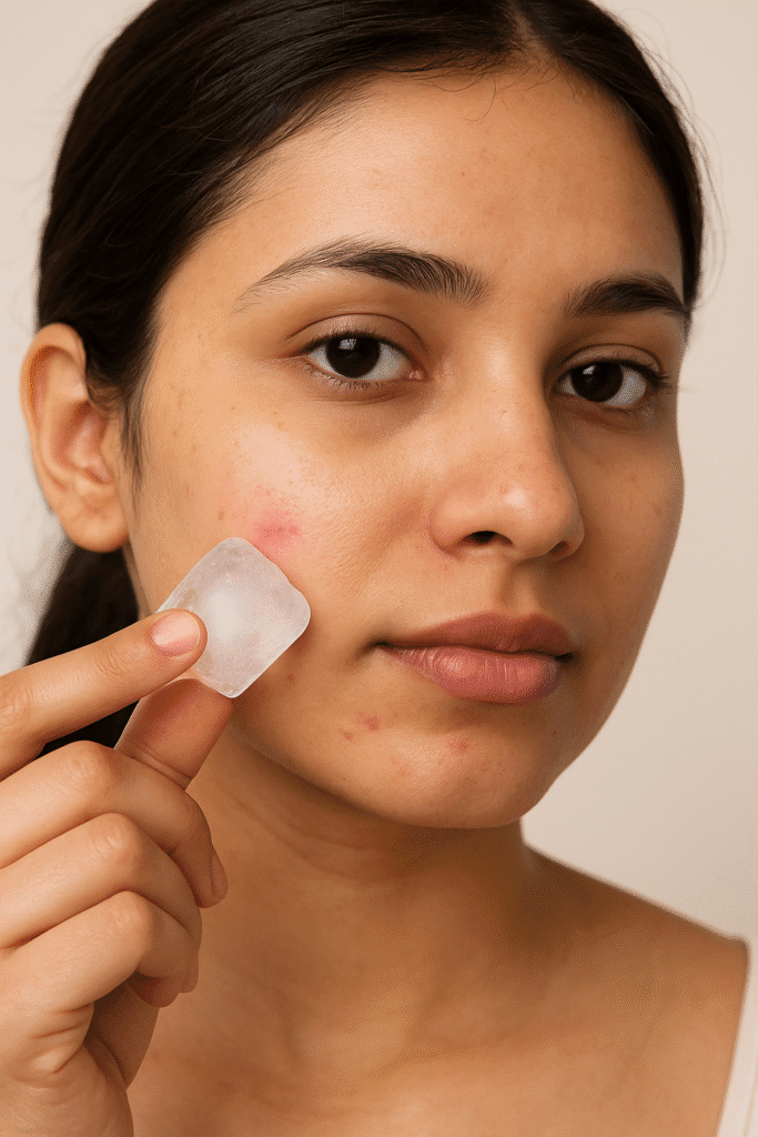 Woman applying an ice cube on a pimple for redness and swelling relief – home remedy for pimples.