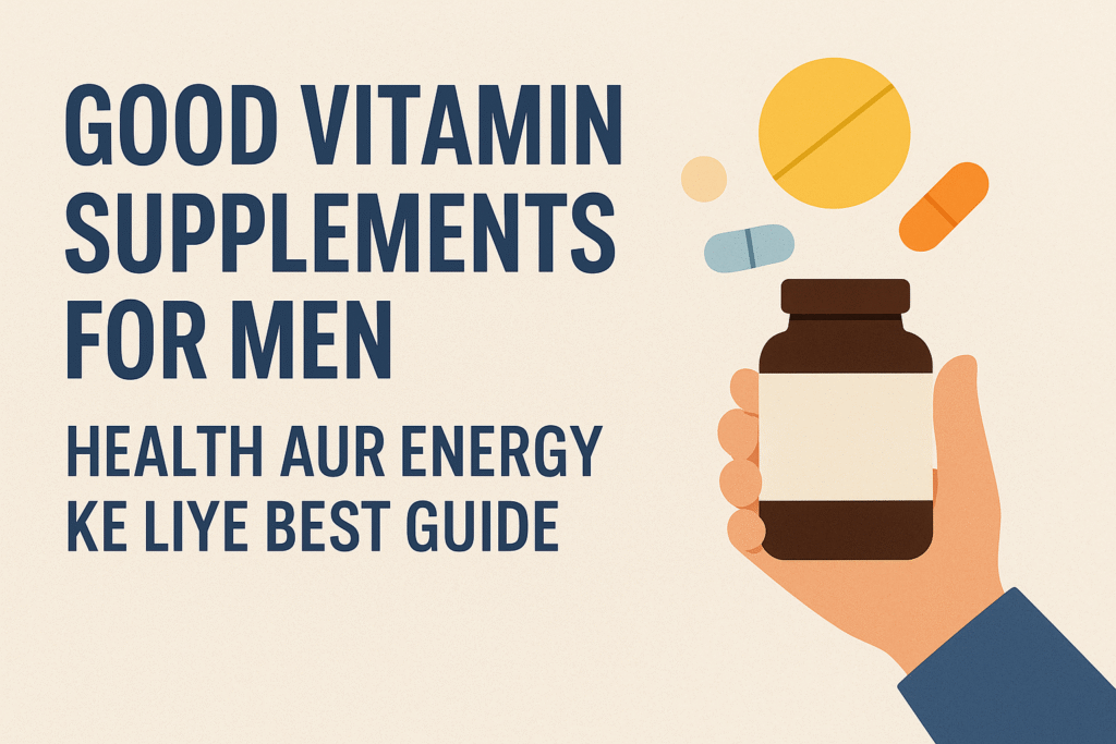 “Digital illustration showing Good Vitamin Supplements for Men bottles and a healthy lifestyle theme for men’s health article in Roman English.”