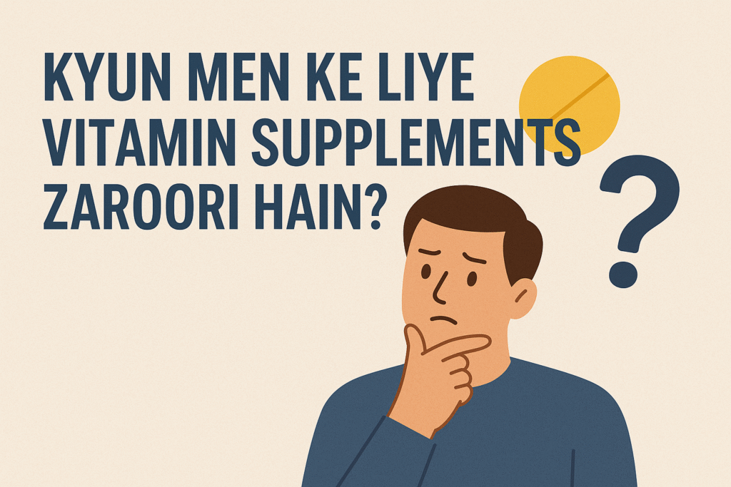 "Flat illustration of a man with vitamins and text in Roman Hindi explaining why vitamin supplements are important for men."