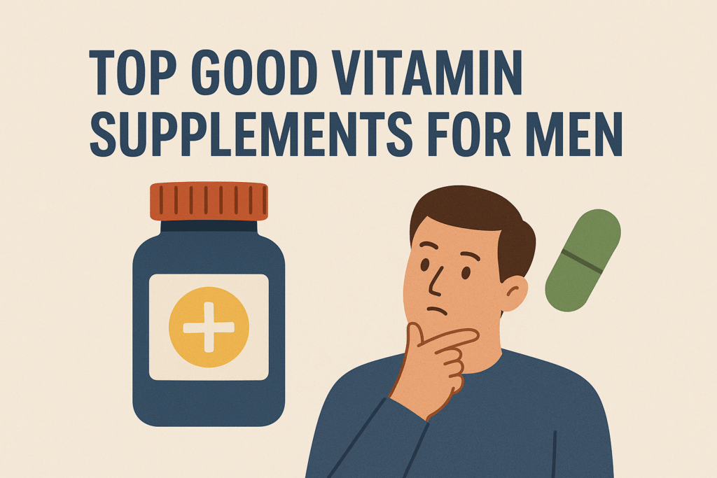 "Simple digital graphic highlighting top good vitamin supplements for men with supplement bottles and Roman Hindi title."