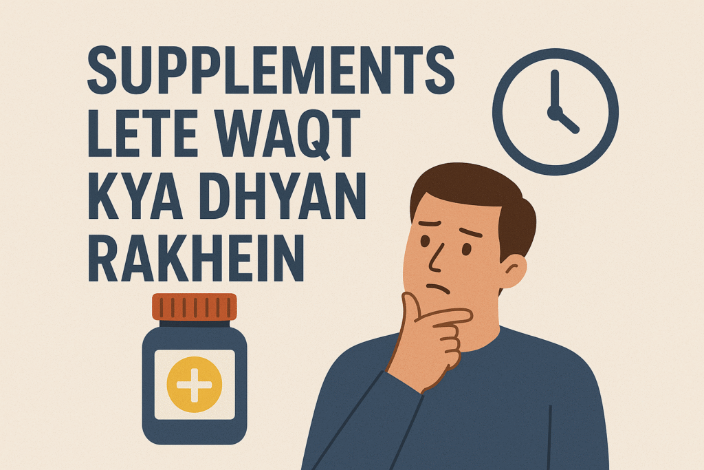 “A man carefully thinking about how to take Good Vitamin Supplements for Men safely, with a supplement bottle and clock beside him.”