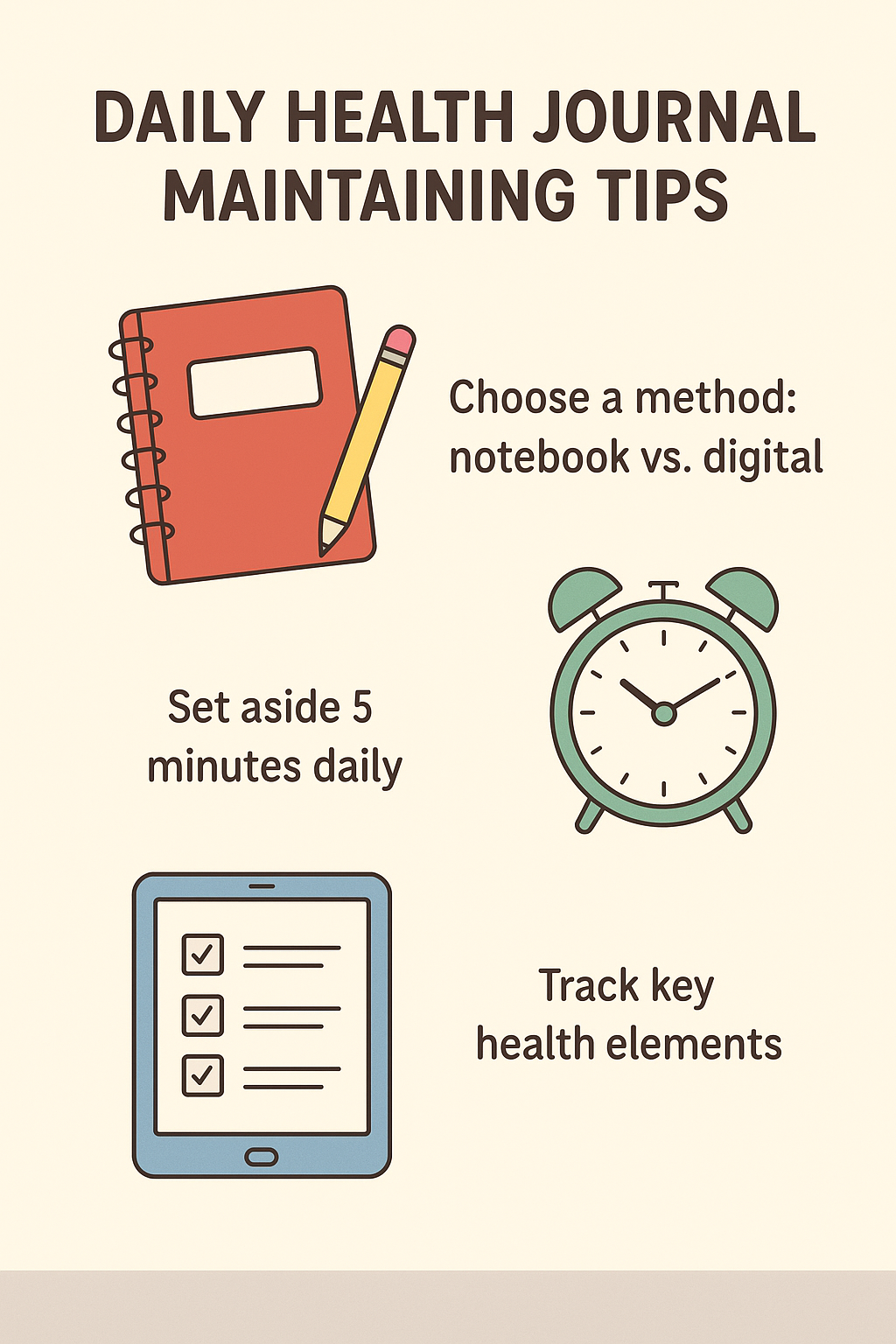 “Infographic showing simple tips to maintain a daily health journal with icons of writing, hydration, and exercise”