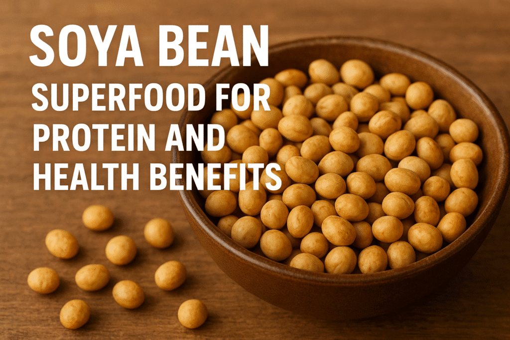 "Fresh roasted soybeans in a bowl with rustic wooden background, symbolizing nutrition and health soya bean benefits in hindi."