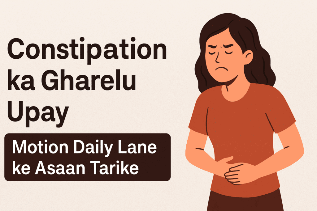 “Constipation ka Gharelu Upay – Natural home remedies with papaya, warm water, isabgol and healthy diet illustration.”
