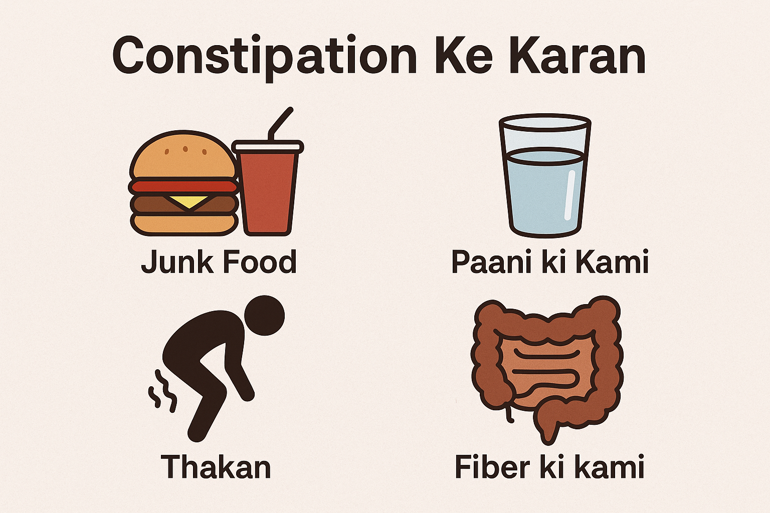 "Constipation ke karan samjhata ek infographic jisme kam pani peena, fiber ki kami, stress aur sedentary lifestyle ko highlight kiya gaya hai."