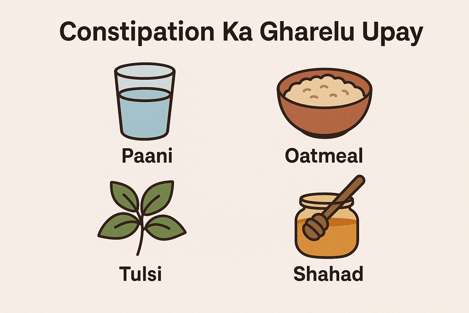 "Constipation ka gharelu Upay dikhata ek infographic jisme nariyal paani, ajwain, triphala aur papita jaise natural remedies suggest kiye gaye hain."