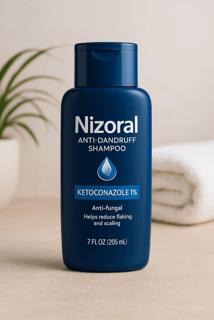 "Nizoral Anti-Dandruff Shampoo 1% Ketoconazole bottle for sensitive scalp placed on a clean bathroom counter with towel and plant. best dandruff shampoo for sensitive scalp."