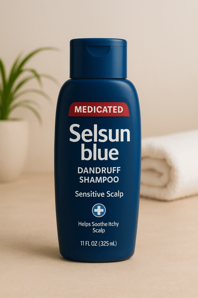 "Selsun Blue Medicated Anti-Dandruff Shampoo for sensitive scalp on a beige surface with towel and green plant in background. best dandruff shampoo for sensitive scalp."