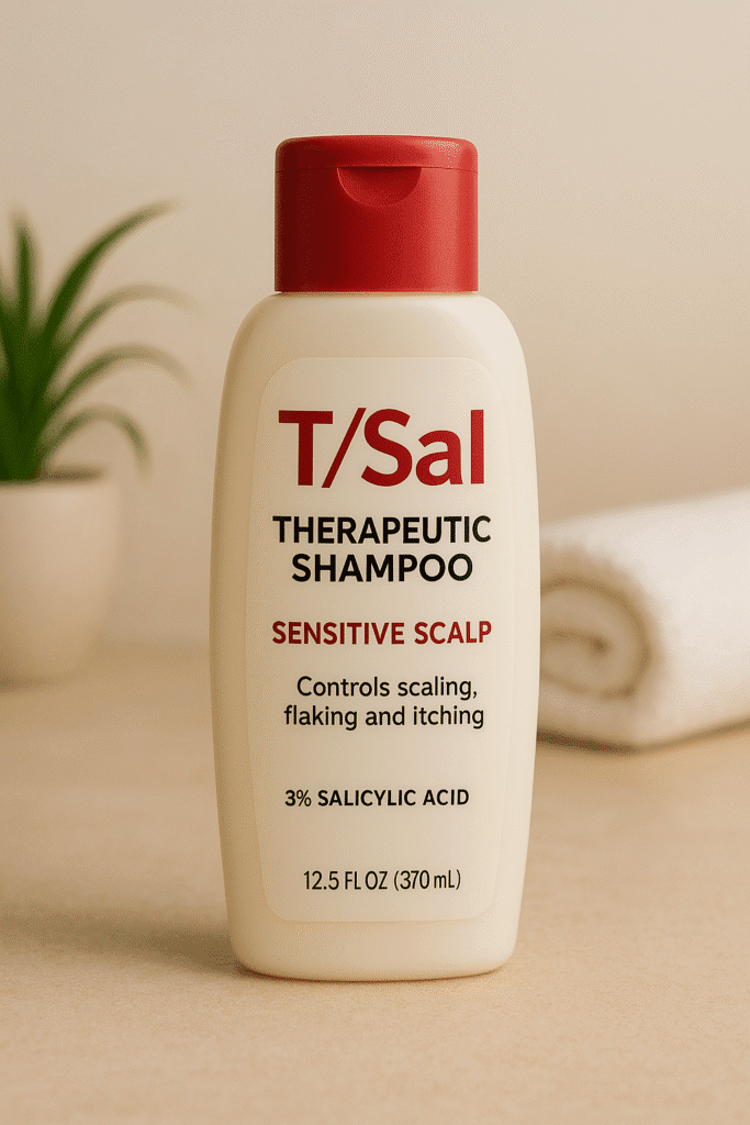 "T/Sal Therapeutic Anti-Dandruff Shampoo for sensitive scalp with salicylic acid, placed on counter beside white towel and potted plant. best dandruff shampoo for sensitive scalp