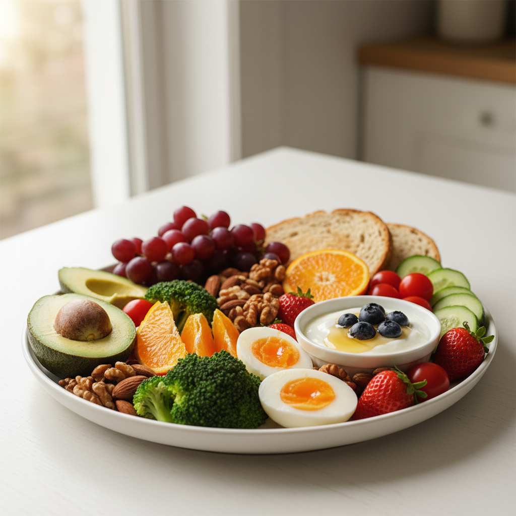“A top view of a plate filled with fresh fruits and vegetables on a clean background, representing How to Get Vitamins Naturally through daily diet.”