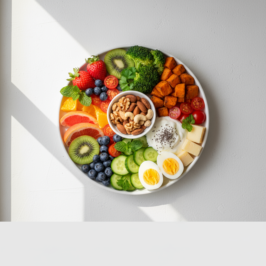 “A balanced meal plate with a mix of vibrant vegetables and fruits showing How to Get Vitamins Naturally from real foods instead of supplements.”