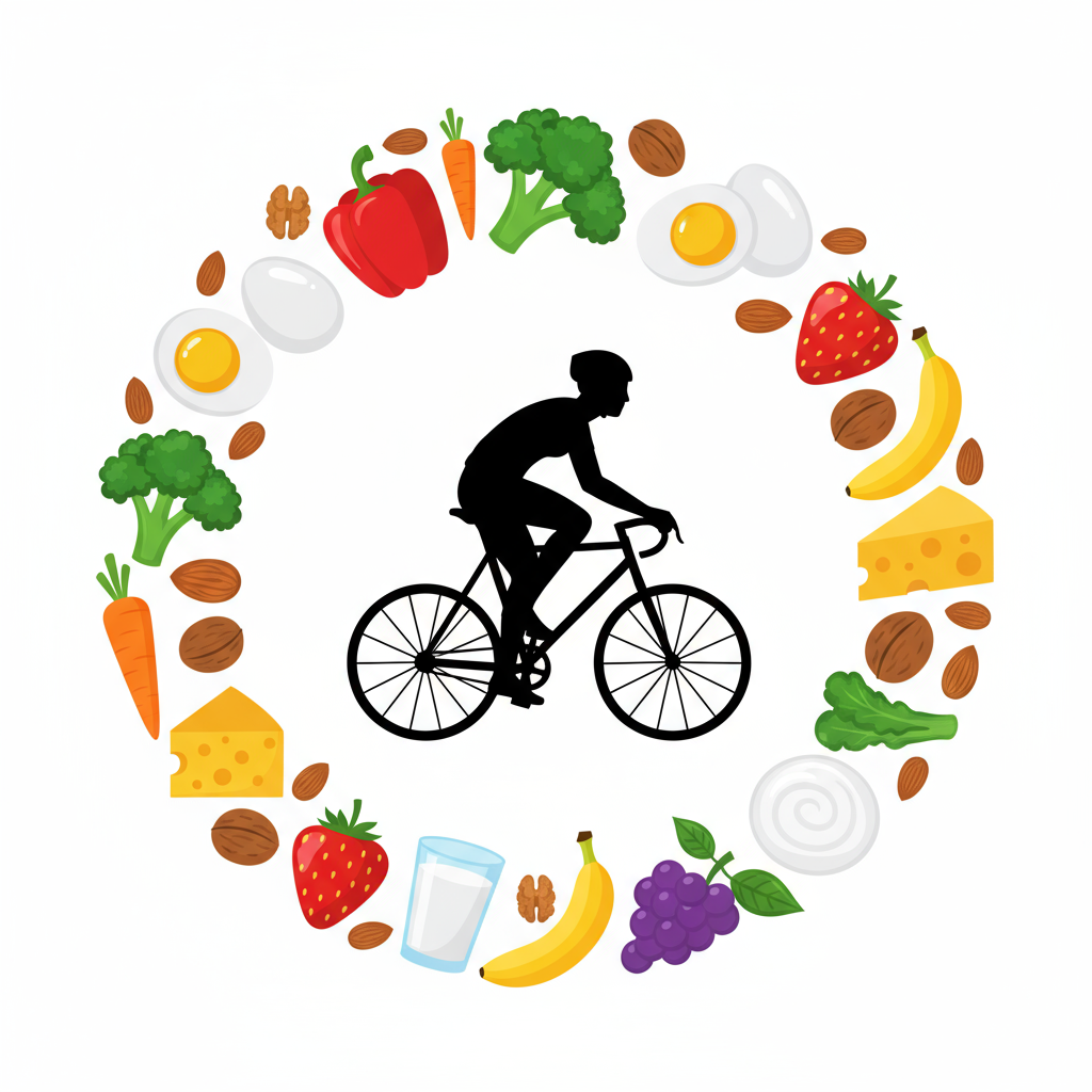 “White background with a bicycle-shaped basket filled with colorful fruits and vegetables, symbolizing a healthy lifestyle and showing How to Get Vitamins Naturally.”