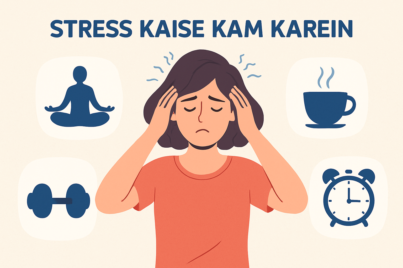 “Flat illustration of a calm woman doing deep breathing to reduce stress — stress management concept.”