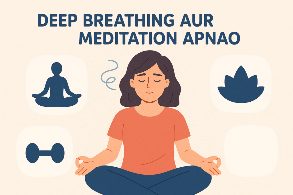 “A woman sitting on a yoga mat doing deep breathing meditation, helping reduce stress naturally – stress kam karne ke best ways. and Stress Kaise Kam Karein."