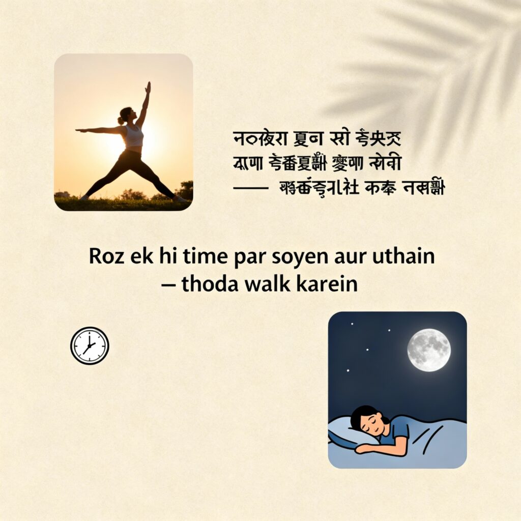 "Person stretching in morning and another sleeping at night on time with a small clock icon indicating routine. Hindi and Roman Hindi text says 'Roz ek hi time par soyen aur uthain — thoda walk karein'. Calm beige background with minimal fitness and moon icons, clean blog style