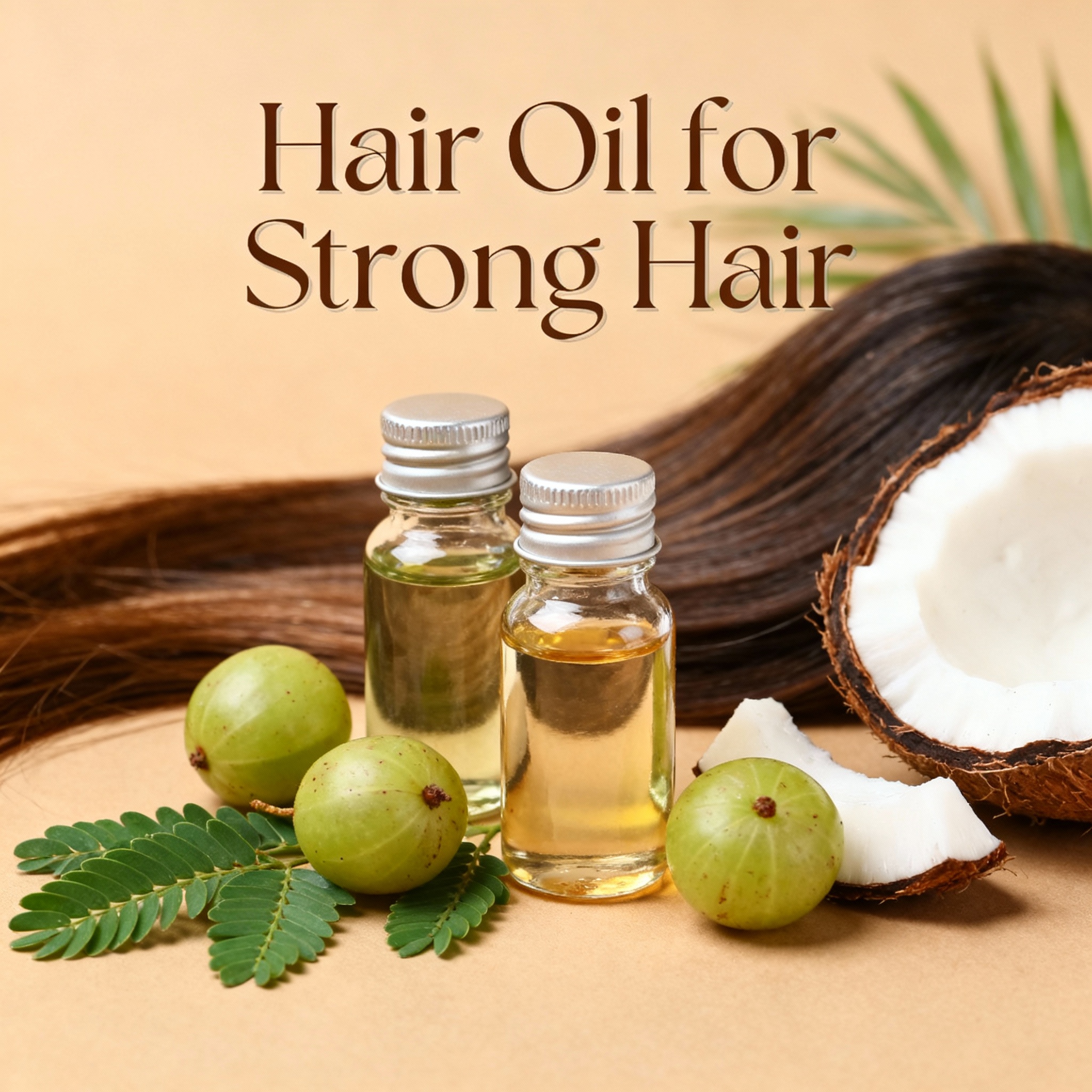 "Natural hair oils including bhringraj, coconut, and amla with fresh ingredients representing hair oil for strong hair."