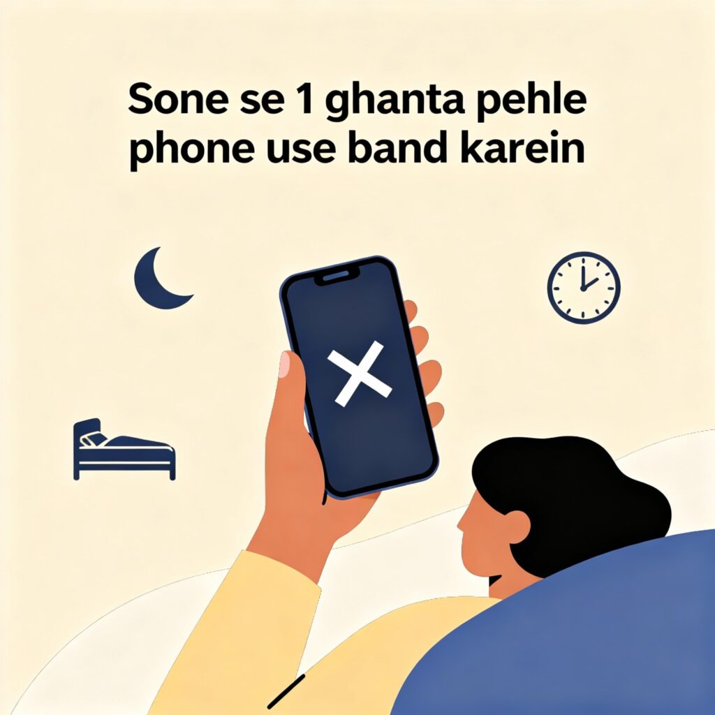 " Neend Na Aane Ke Gharelu Upay. Mobile phone with a cross symbol over it, person keeping phone away before sleeping. Text in Hindi and Roman English says 'Sone se 1 ghanta pehle phone use band karein'. Soft beige background with icons of moon, bed, and clock, minimal soothing design for health blog."