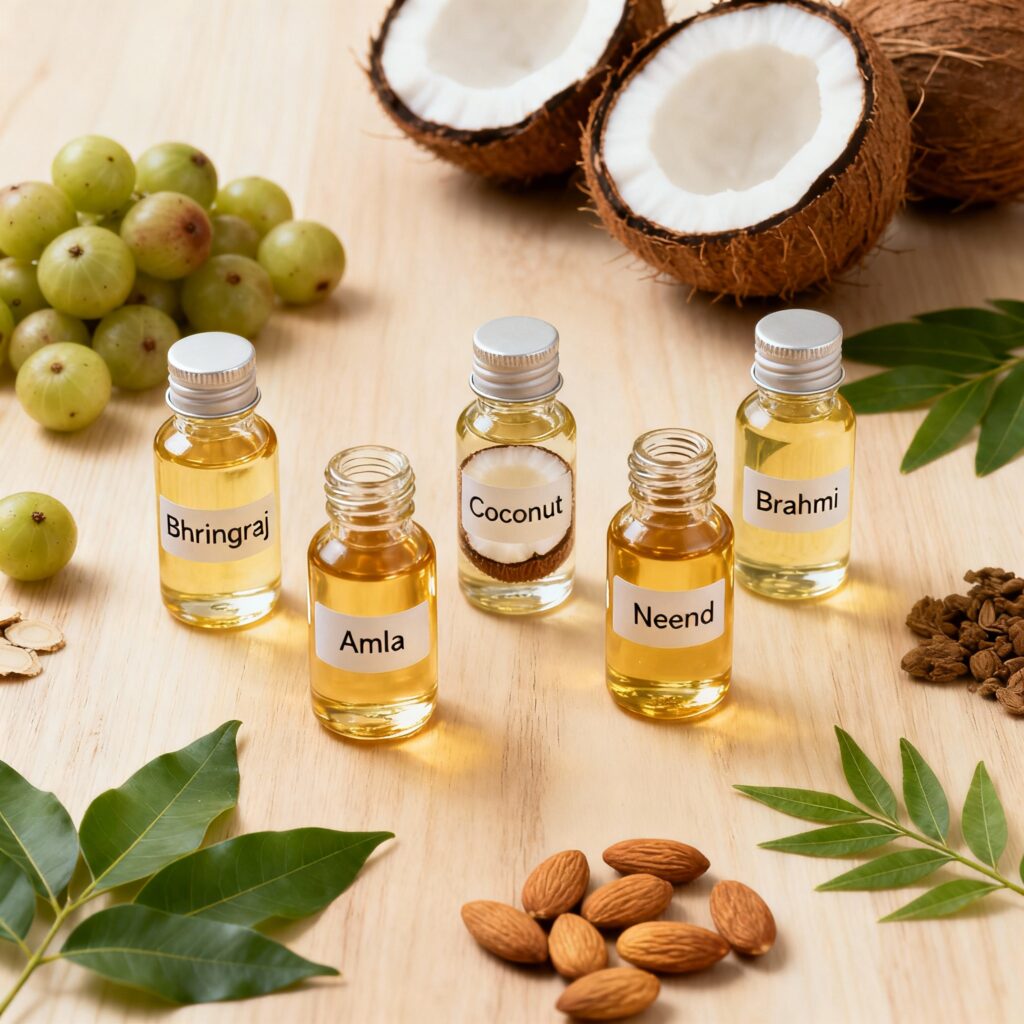 "Bottles of bhringraj, coconut, amla, almond, neem, and brahmi hair oils surrounded by their natural ingredients."