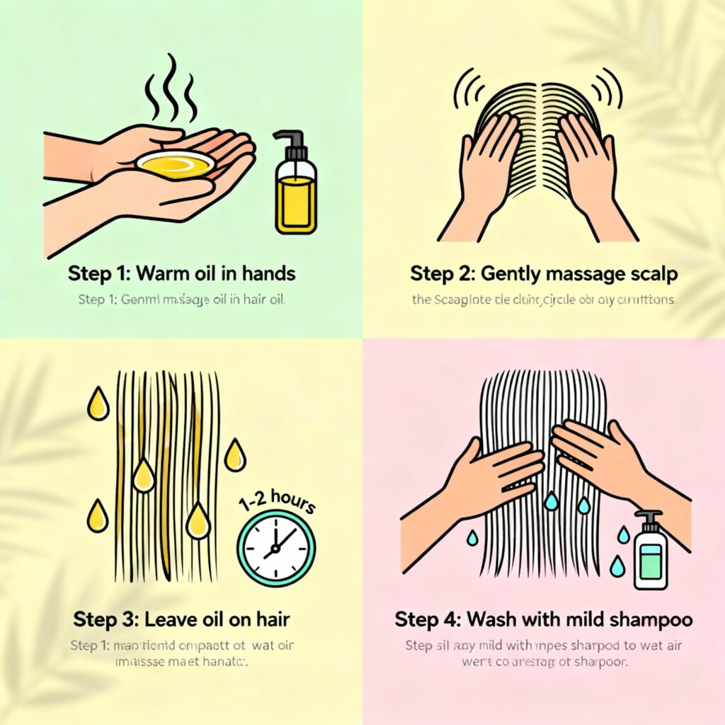 "Step-by-step illustrated guide showing warming oil, massaging scalp, leaving oil on hair, and washing with mild shampoo."