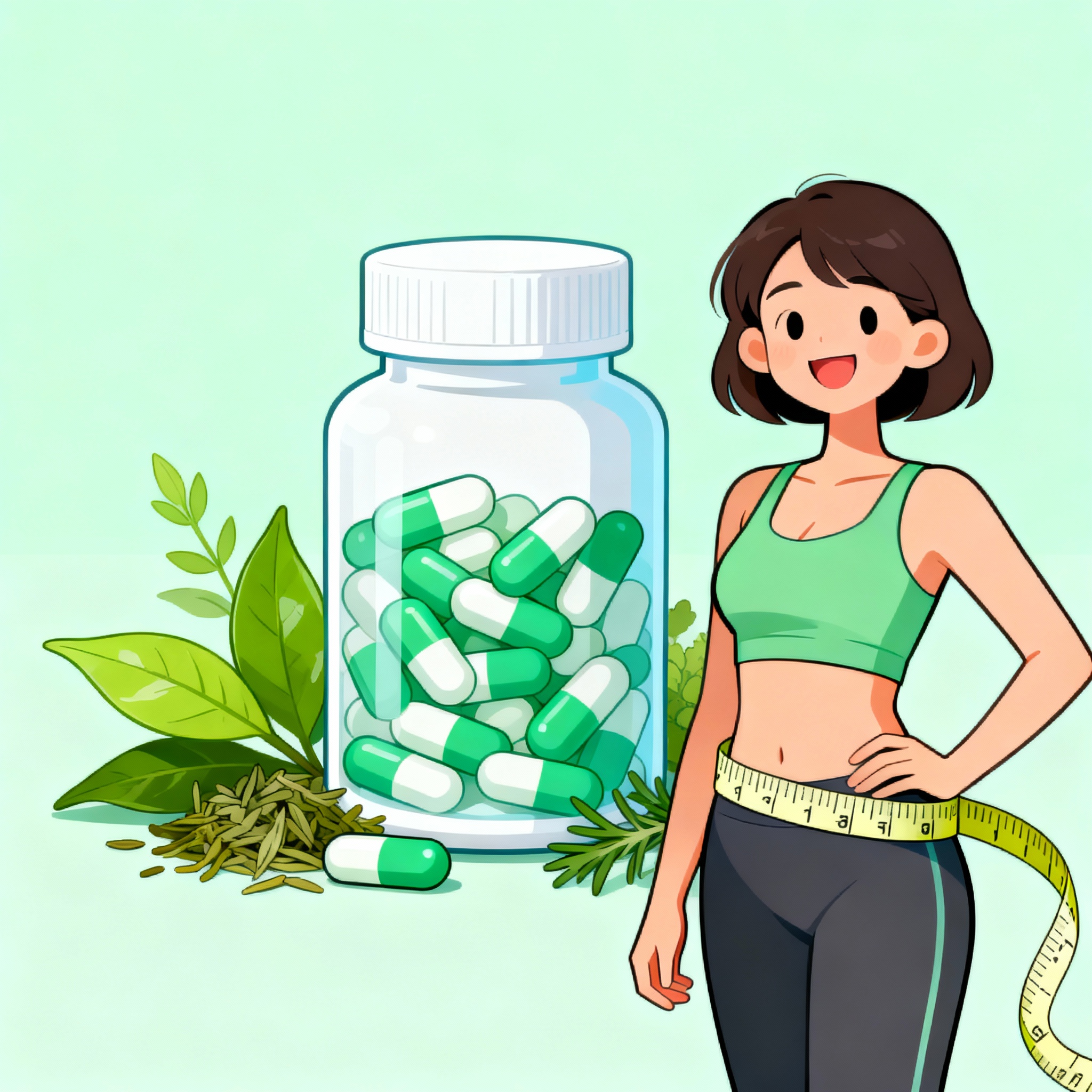 2D cartoon style illustration of a weight loss supplements bottle surrounded by green tea leaves and herbs, smiling slim person with measuring tape around waist, bright and fresh colors.
