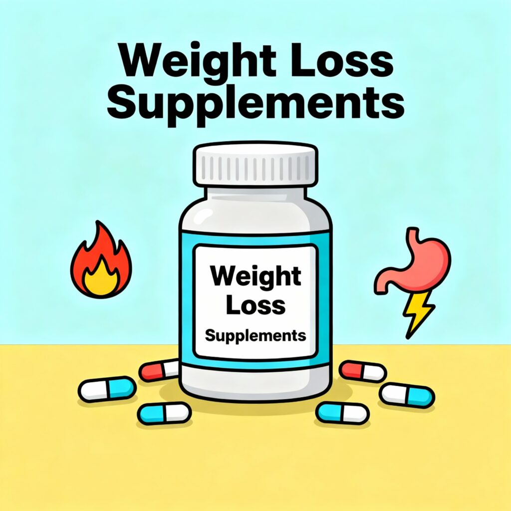 2D cartoon style educational illustration of weight loss supplements bottle with capsules and icons showing metabolism boost, appetite control, and fat burning.