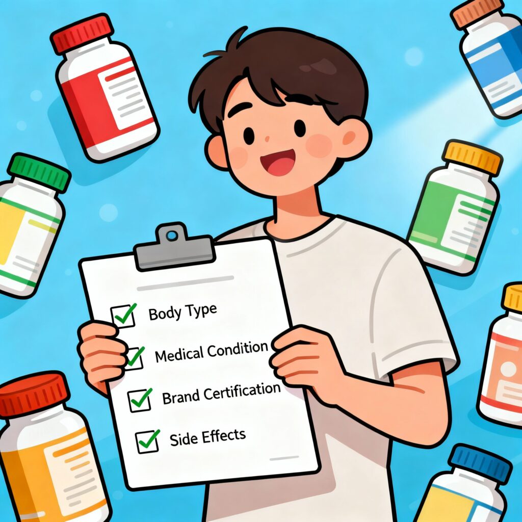 2D cartoon style illustration of a person holding a checklist with multiple supplement bottles around, checklist showing body type, medical condition, brand certification, and side effects.