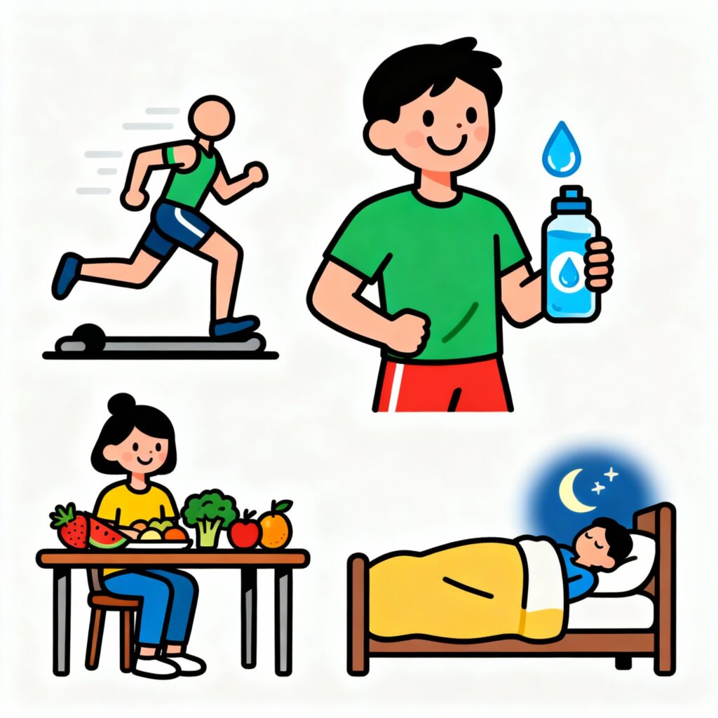 2D cartoon style illustration of a happy person exercising, drinking water, eating healthy food, and sleeping well with icons representing these activities. Weight Loss Supplements in Pakistan
