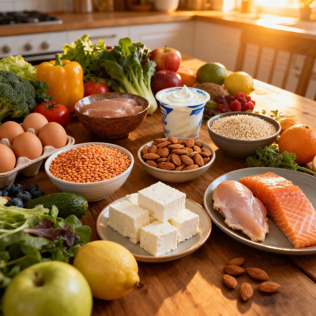 Feature image of assorted natural protein rich foods like eggs, lentils, Greek yogurt, almonds, quinoa, paneer, chicken breast, and salmon arranged on a wooden kitchen table with fresh vegetables and fruits, conveying a warm and healthy vibe.