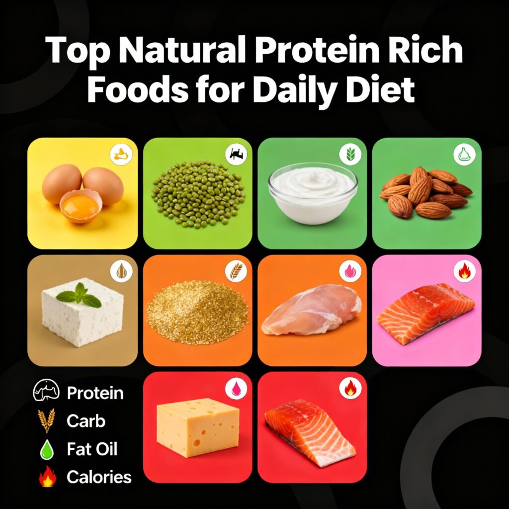Infographic of top natural protein rich foods for daily diet with bright colors and clean layout, displaying eggs, lentils, Greek yogurt, almonds, quinoa, paneer, chicken breast, and salmon with nutritional icons of protein, carbs, fats, and calories.