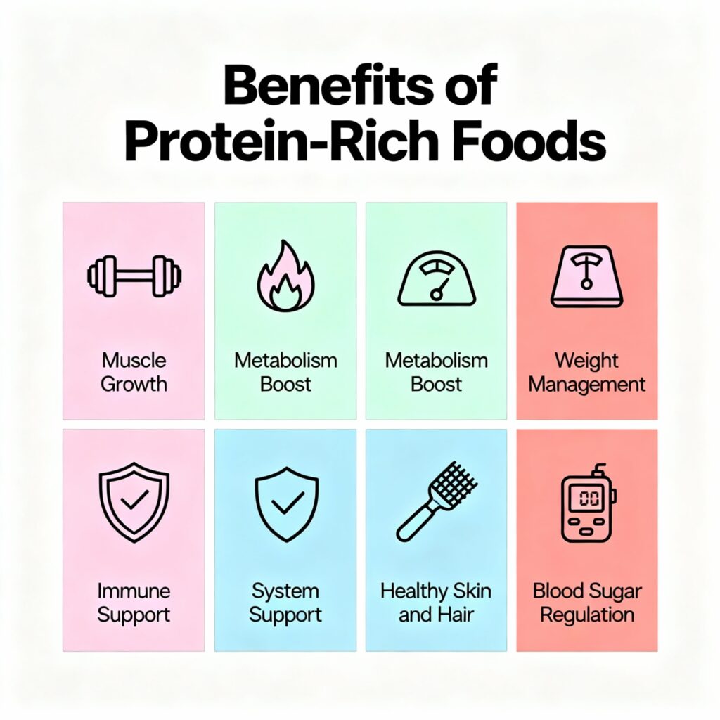 Infographic illustrating benefits of protein rich foods with icons representing muscle growth, metabolism boost, immune system support, weight management, healthy skin and hair, and blood sugar regulation in a bright and modern design.