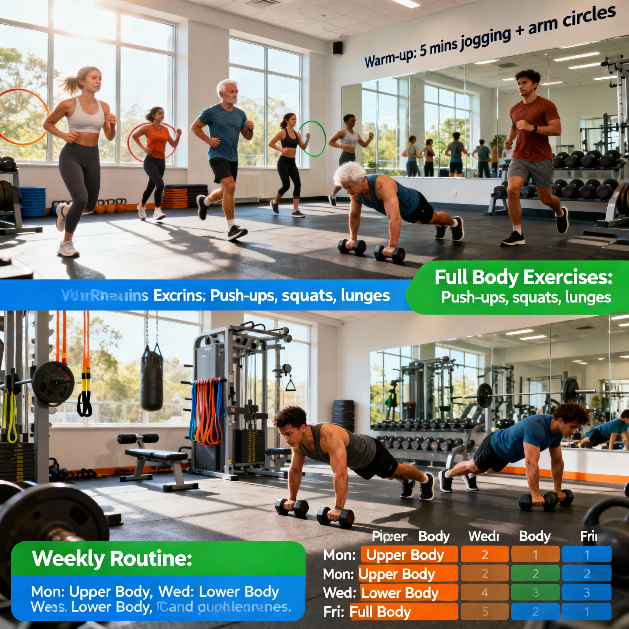 "Bright and motivating gym scene showing beginners doing warm-ups, push-ups, and weight training. Full-body workout plan and weekly routine chart visible in a clean, sunny gym environment. Gym Workout for Beginners