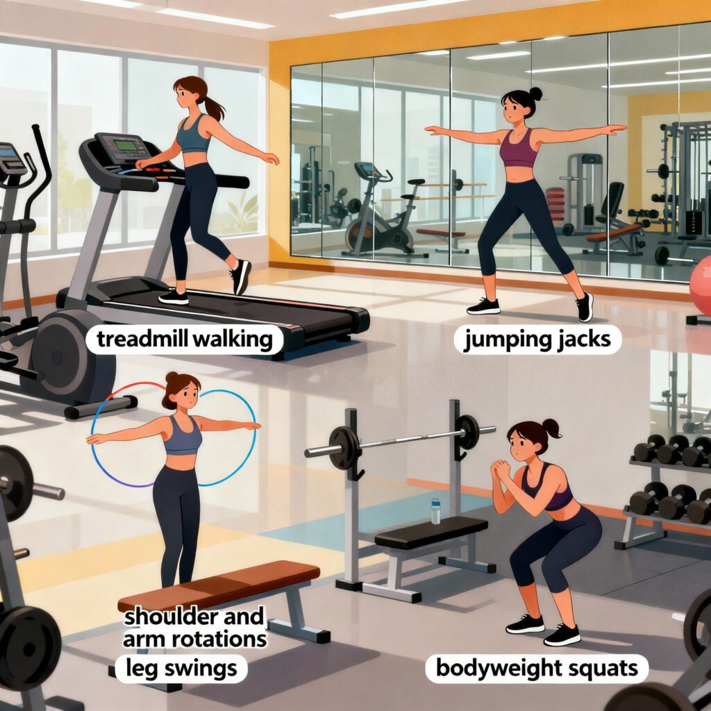 "Illustration of a beginner performing warm-up exercises including treadmill walk, jumping jacks, shoulder and arm rotations, leg swings, and bodyweight squats in a modern gym."