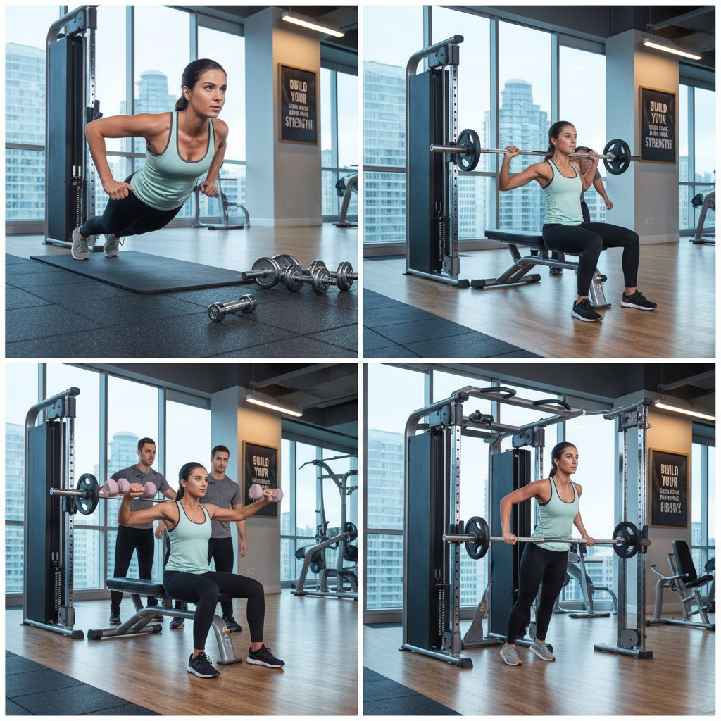 "Beginner doing chest and triceps exercises such as push-ups, light bench press, dumbbell flys, and triceps dips with correct form in a bright gym."