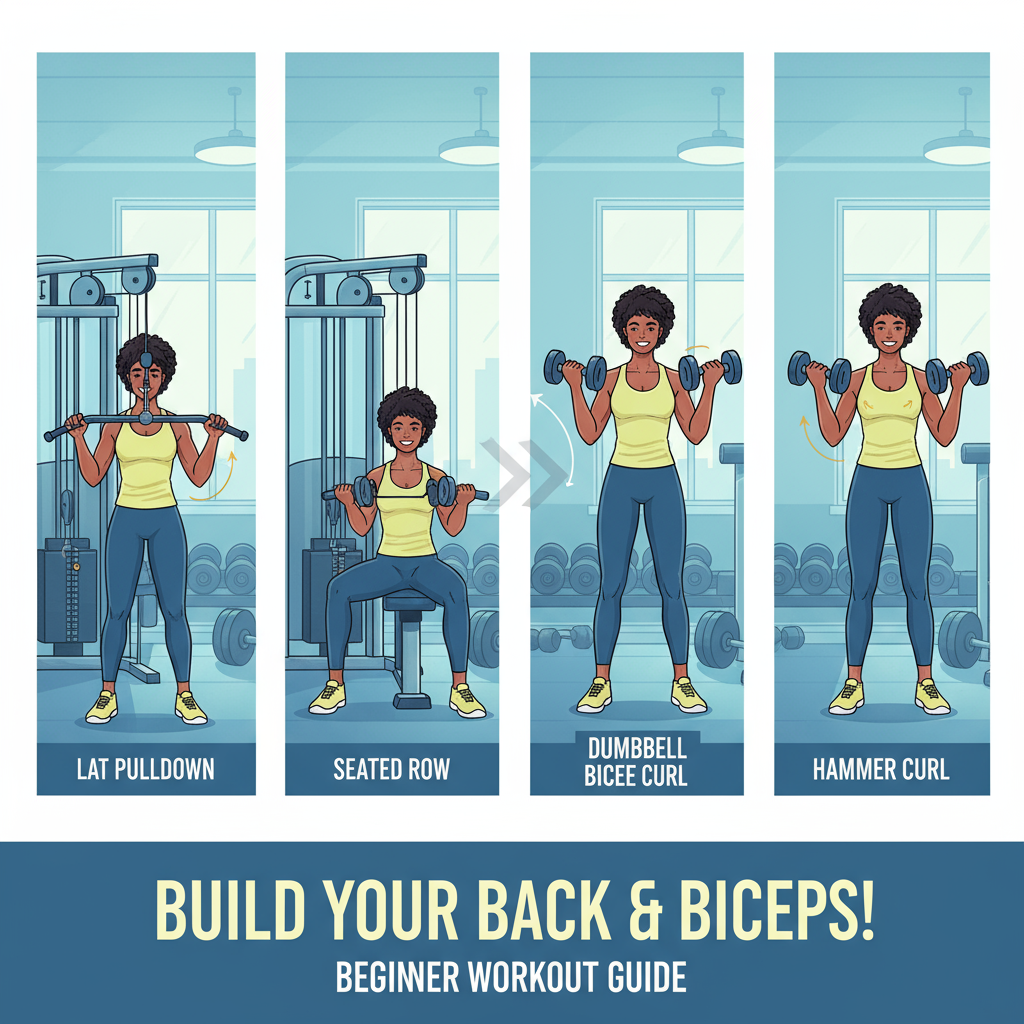 "Gym scene showing beginner performing back and bicep workouts including lat pulldown, seated row, dumbbell curls, and hammer curls with proper technique. Gym Workout for Beginners