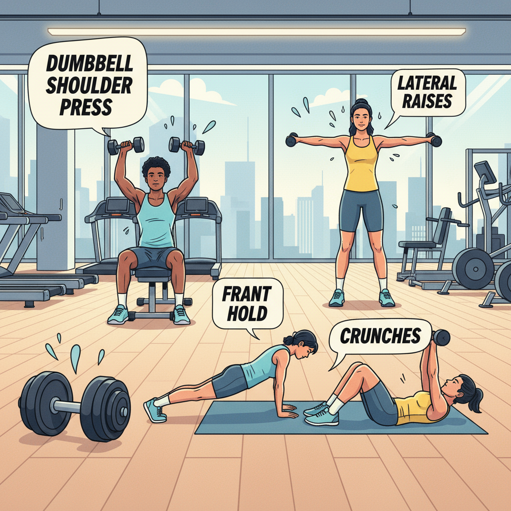 "Illustration of beginner doing shoulder presses, lateral raises, front raises, plank hold, and crunches in a clean gym environment. gym workout for beginners."
