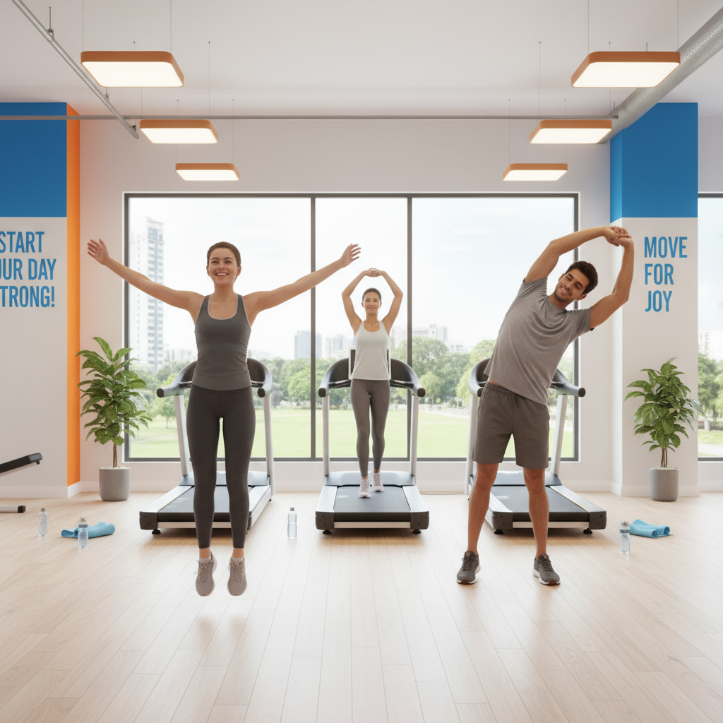 "Bright energetic gym scene showing full-body light cardio exercises such as jumping jacks, treadmill walking, and stretching for energy boost."