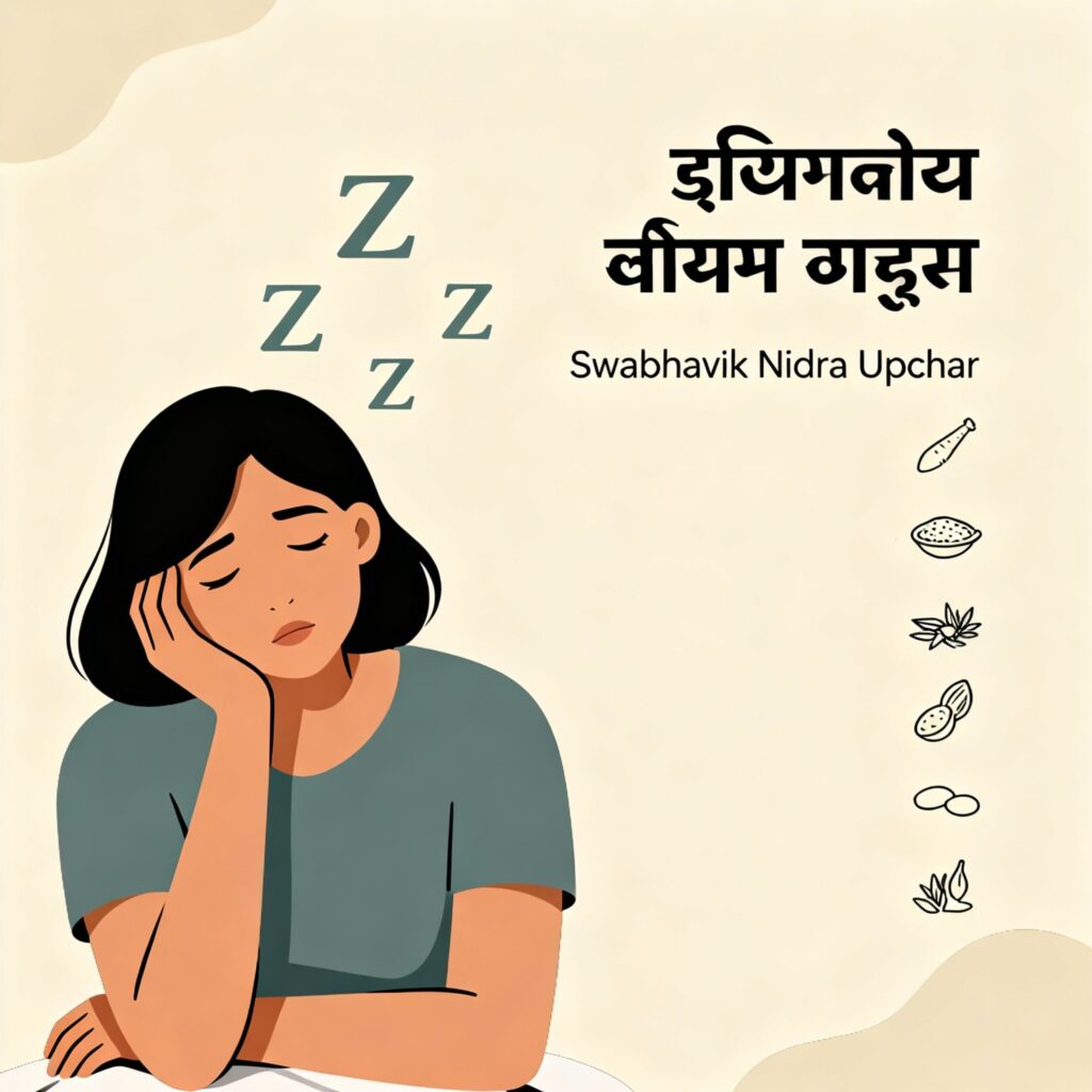 "Illustration of a tired woman sitting with her head resting on her hand, 'Z' symbols above her head indicating sleepiness. On the right, Hindi and Roman Hindi text lists natural sleep remedies like warm milk or chamomile tea, comfortable room environment, physical activity during the day, and natural herbs. Soft beige clean minimal background with simple icons, calm soothing theme suitable for a health blog on sleep problems."
