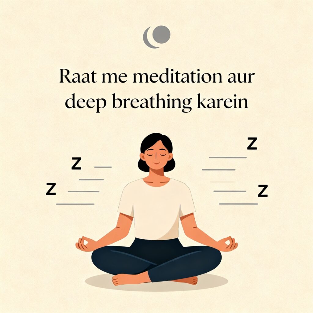 "Illustration of a tired woman sitting with her head resting on her hand, 'Z' symbols above her head indicating sleepiness. On the right, Hindi and Roman Hindi text lists natural sleep remedies like warm milk or chamomile tea, comfortable room environment, physical activity during the day, and natural herbs. Soft beige clean minimal background with simple icons, calm soothing theme suitable for a health blog on sleep problems. Neend Na Aane Ke Gharelu Upay "