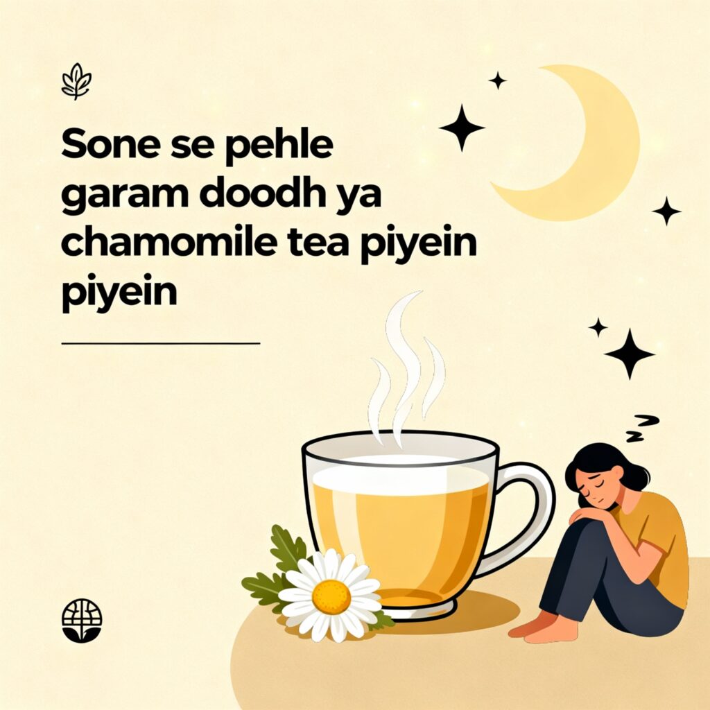 "Warm cup of milk and chamomile tea with steam rising, person feeling sleepy nearby. Text in Hindi and Roman Hindi says 'Sone se pehle garam doodh ya chamomile tea piyein'. Soft beige background with gentle night elements like moon and stars, minimal health icons, clean modern layout."